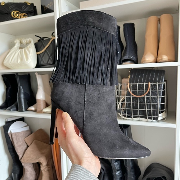 NWT Nine West Black Fringe Western Boots Boho Faux Suede Heels - Picture 3 of 13